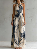 Retro-elegant Ink Wash Print Jumpsuit
