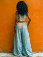 Bohemian Vintage Floral Print Linen And Cotton Jumpsuit