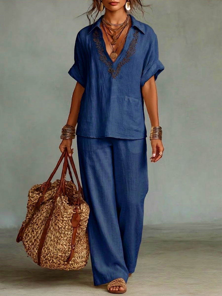 Casual Linen And Cotton Shirt And Trousers Two-piece Set