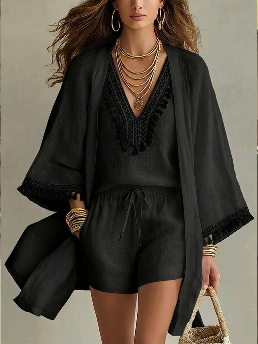Casual Bohemian Linen And Cotton Cardigan, Sleeveless Top, And Shorts Three-piece Set