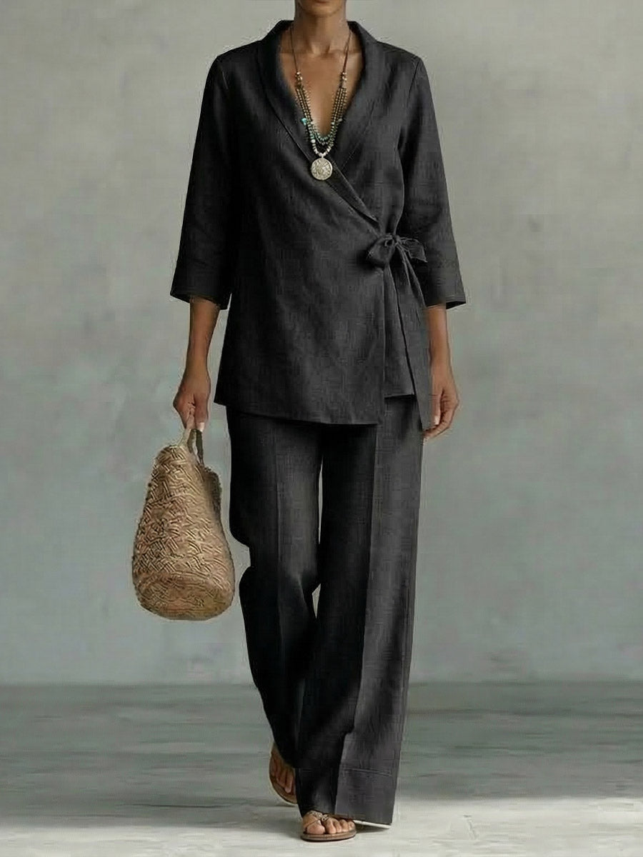 Cotton Linen V-neck Tie-front Top And Casual Trousers Set