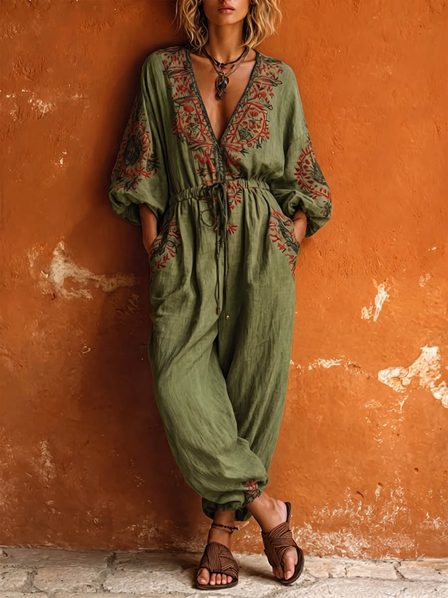 Women's V-Neck Long-Sleeve Casual Loose Cotton-Linen Jumpsuit with Placement Print