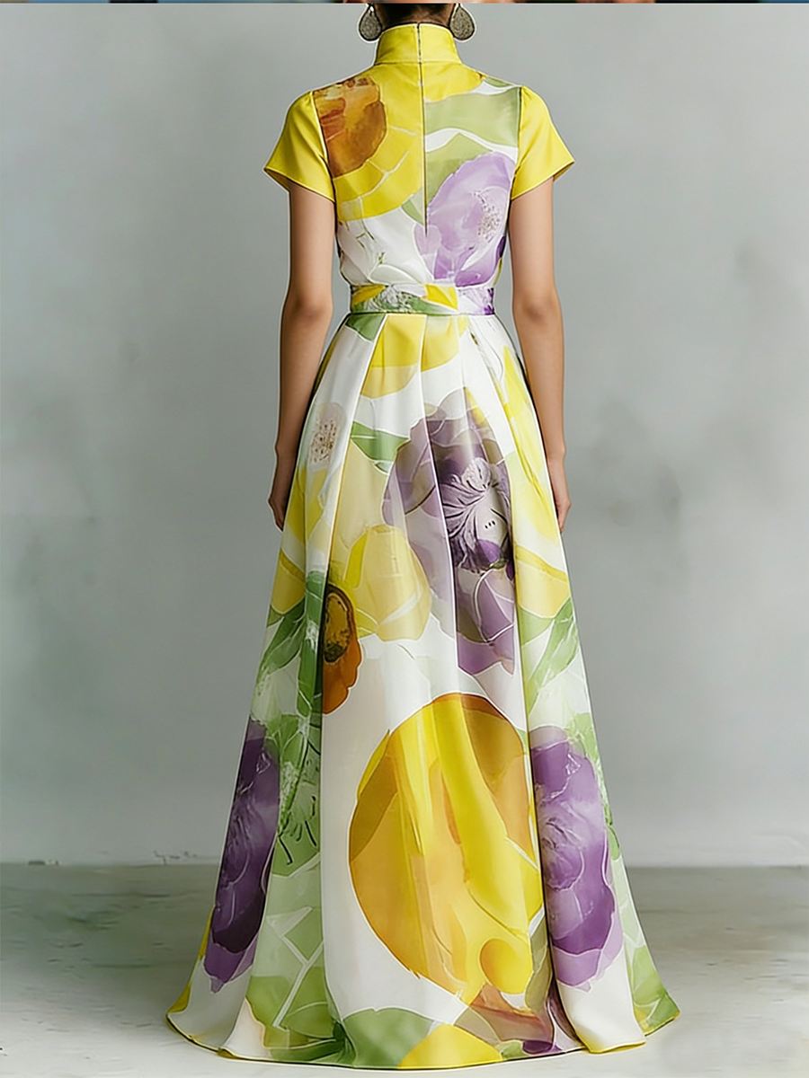 Elegant Stand-collar Floral Print Maxi Dress