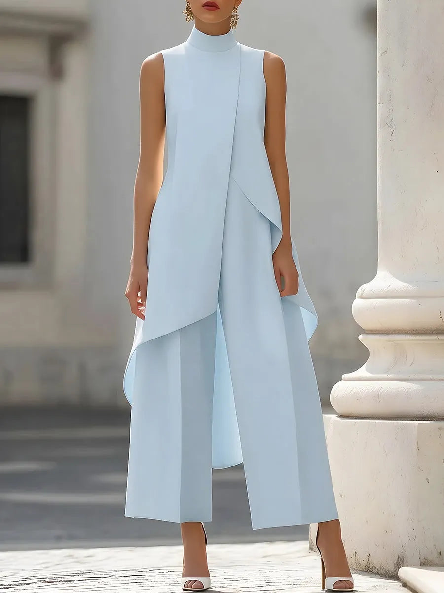 Women's Solid-color Cotton-linen Set: Stand-collar Sleeveless Top & High-waisted Wide-leg Pants