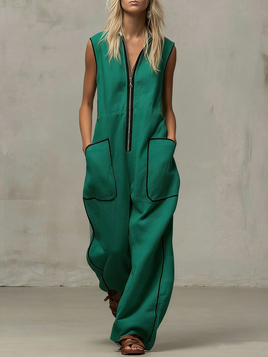 Women's V-neck Sleeveless Casual Loose Wide-leg Cotton And Linen Jumpsuit