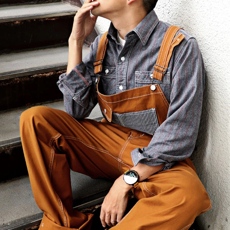 American Style Patchwork Striped Loose Vintage Wide Leg Bib Overalls