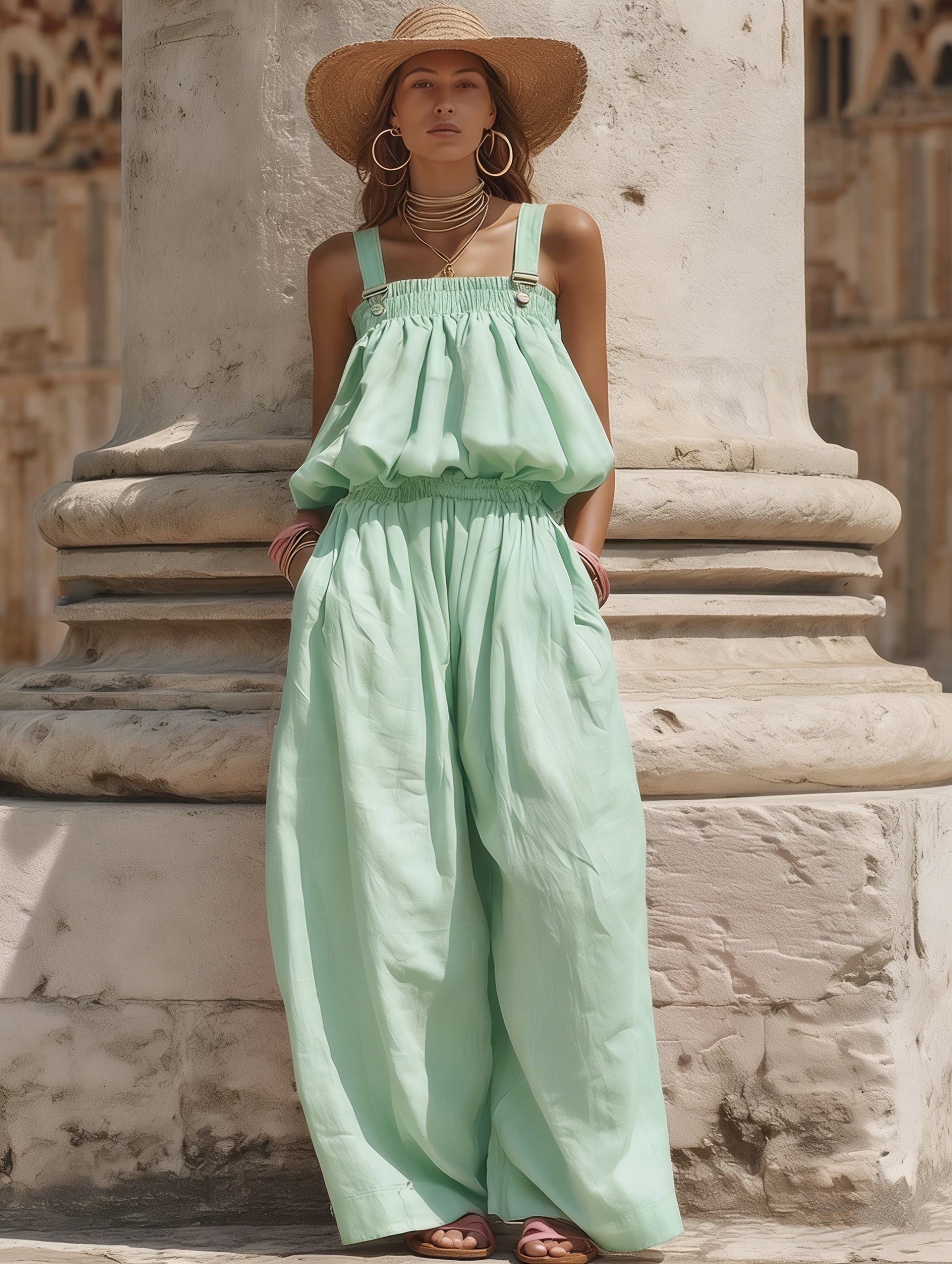 Casual Resort-style Cotton-linen Loose Wide-leg Jumpsuit