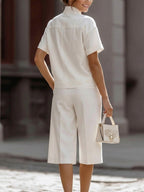 Women's V-neck Short-sleeved Casual Loose Cotton Linen Top And High-waisted Casual Loose Wide-leg Pants Cotton Linen Set
