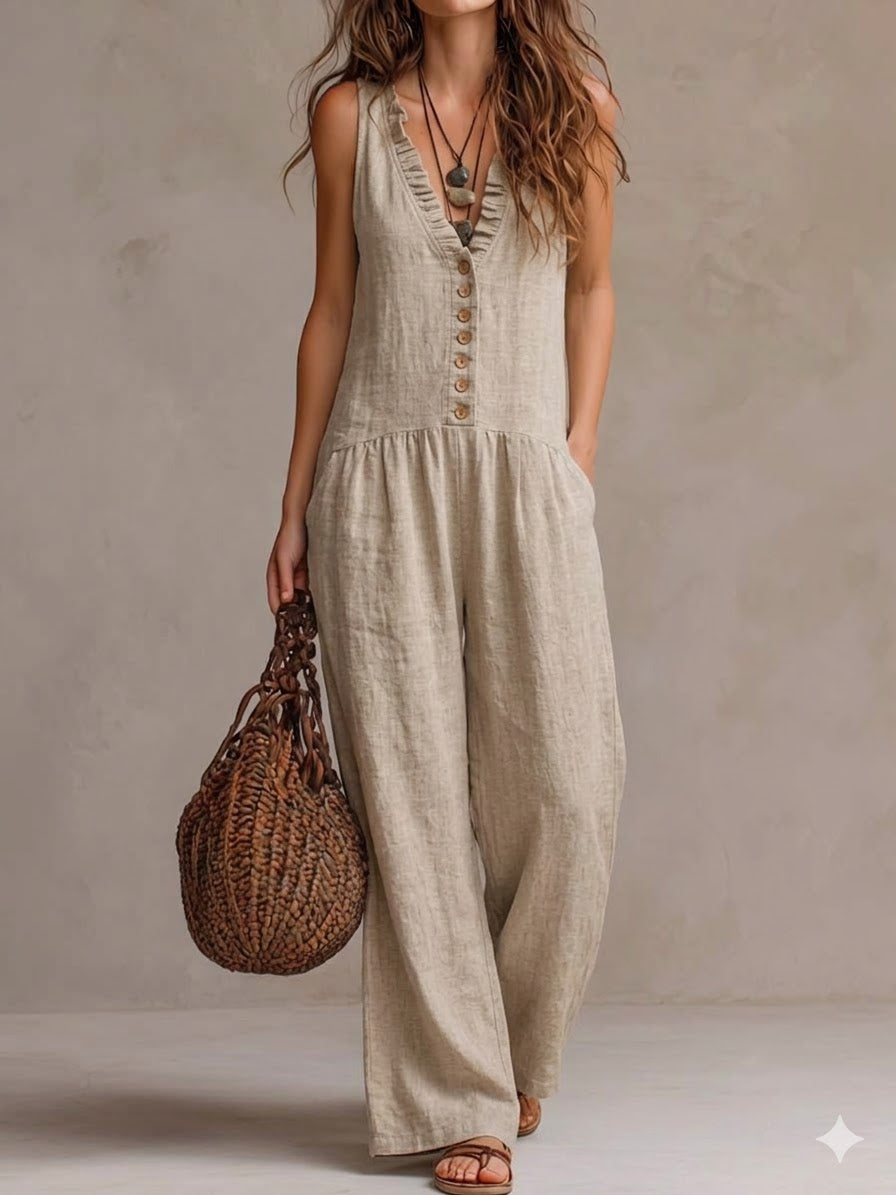 Women's V-neck Ruffled Casual Cotton-linen Jumpsuit