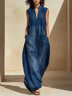 Women's V-neck Sleeveless Casual Loose-fit Denim Wide-leg Jumpsuit