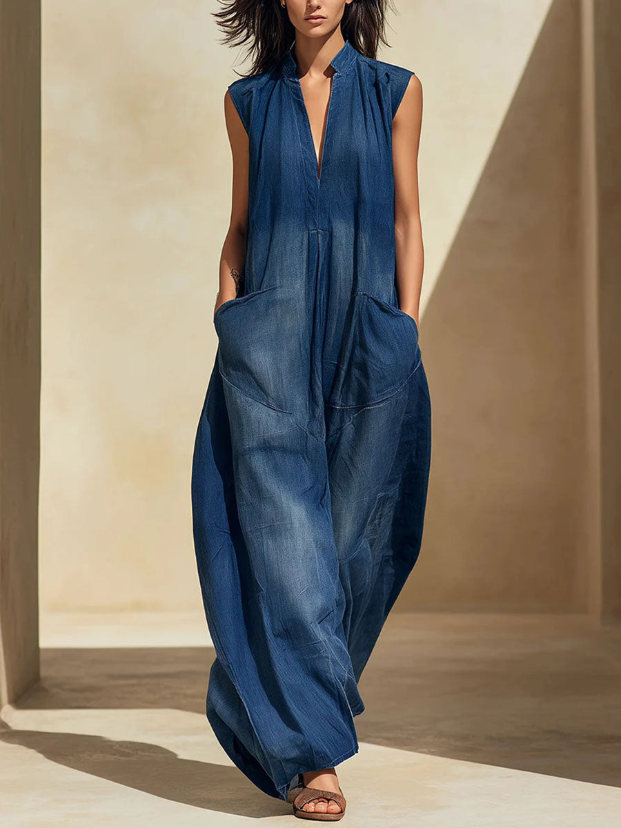 Women's V-neck Sleeveless Casual Loose-fit Denim Wide-leg Jumpsuit