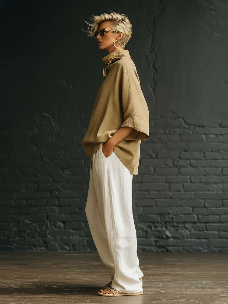 Elegant High-neck Batwing Sleeve Shirt And Wide-leg Cotton-linen Two-piece Set