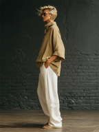 Elegant High-neck Batwing Sleeve Shirt And Wide-leg Cotton-linen Two-piece Set