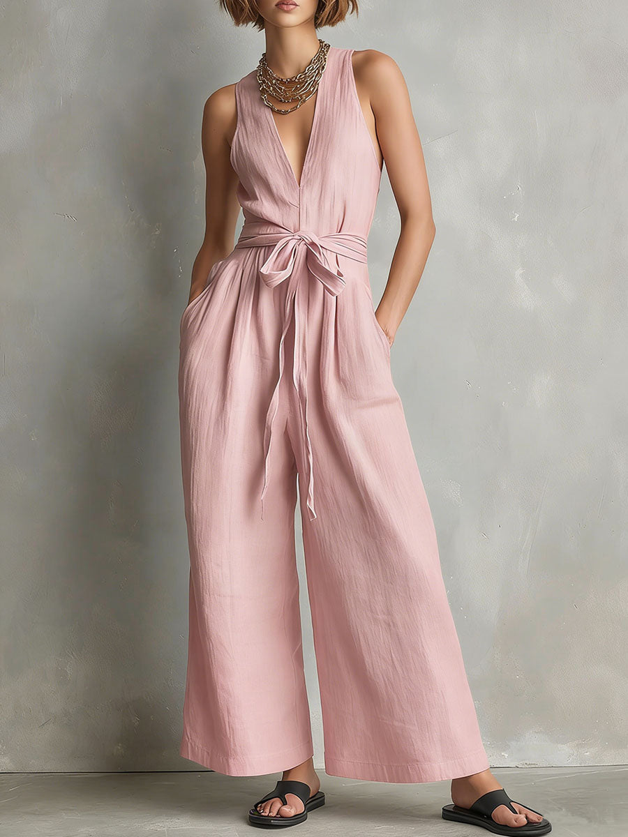 Women's Solid-color V-neck Sleeveless Casual Loose Cotton-linen Wide-leg Jumpsuit