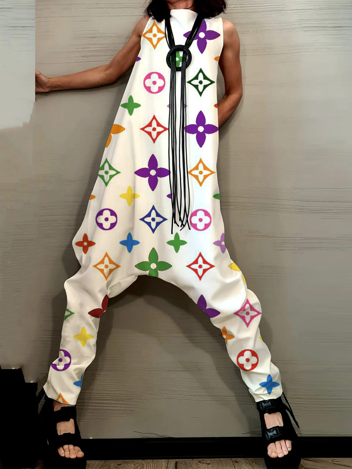 Fashion Plain Sleeveless Asymmetrical Harem Pants Tank Jumpsuit