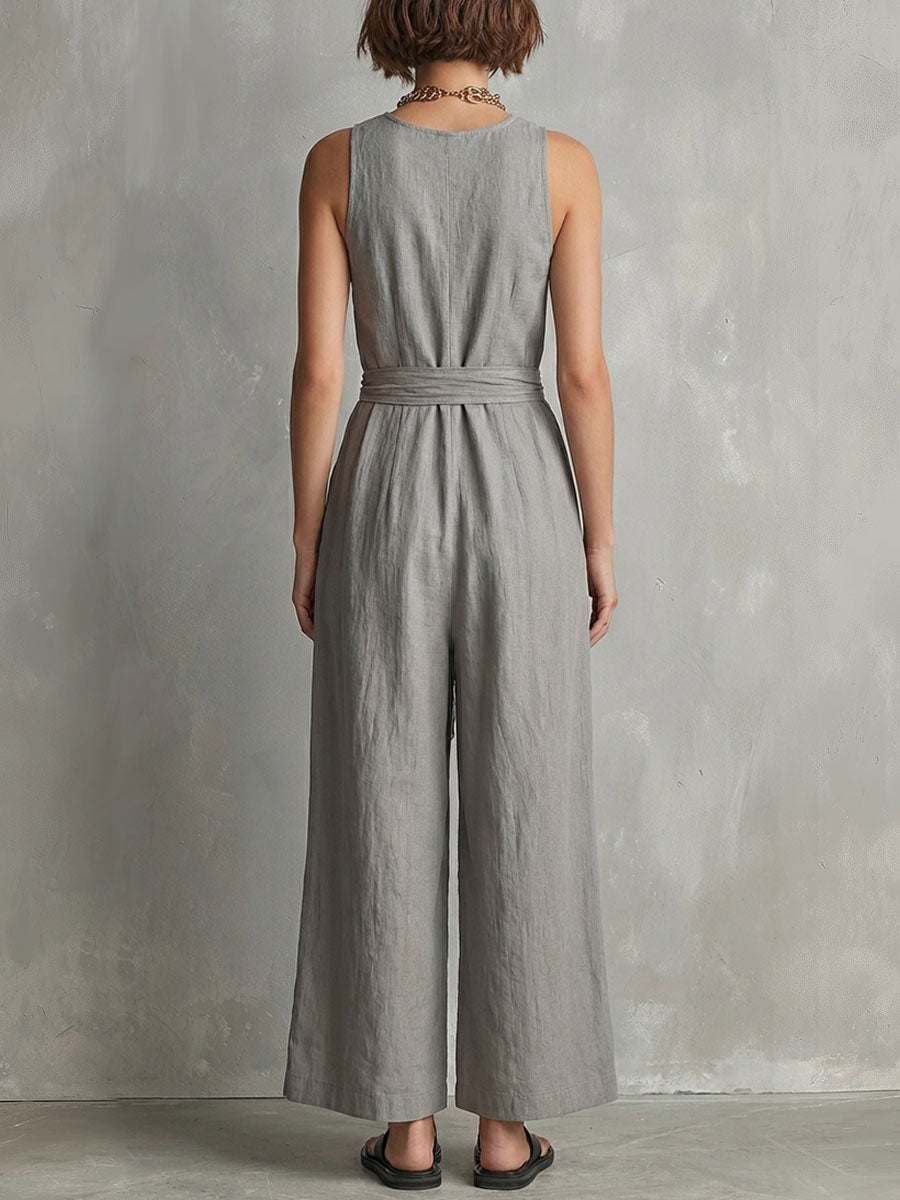 Women's Solid-color V-neck Sleeveless Casual Loose Cotton-linen Wide-leg Jumpsuit