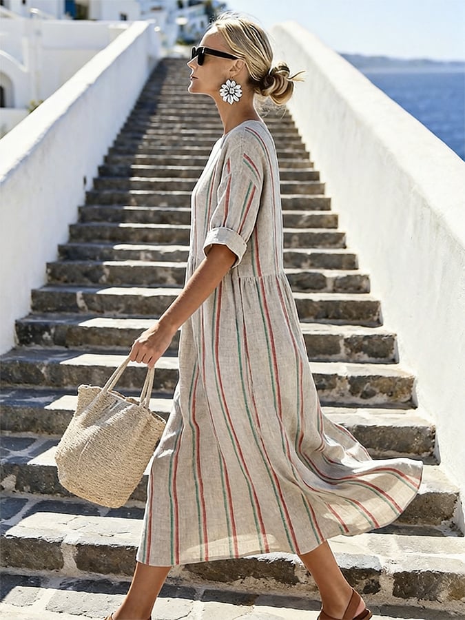 Women'S Casual Round-Neck Striped Vacation Dress