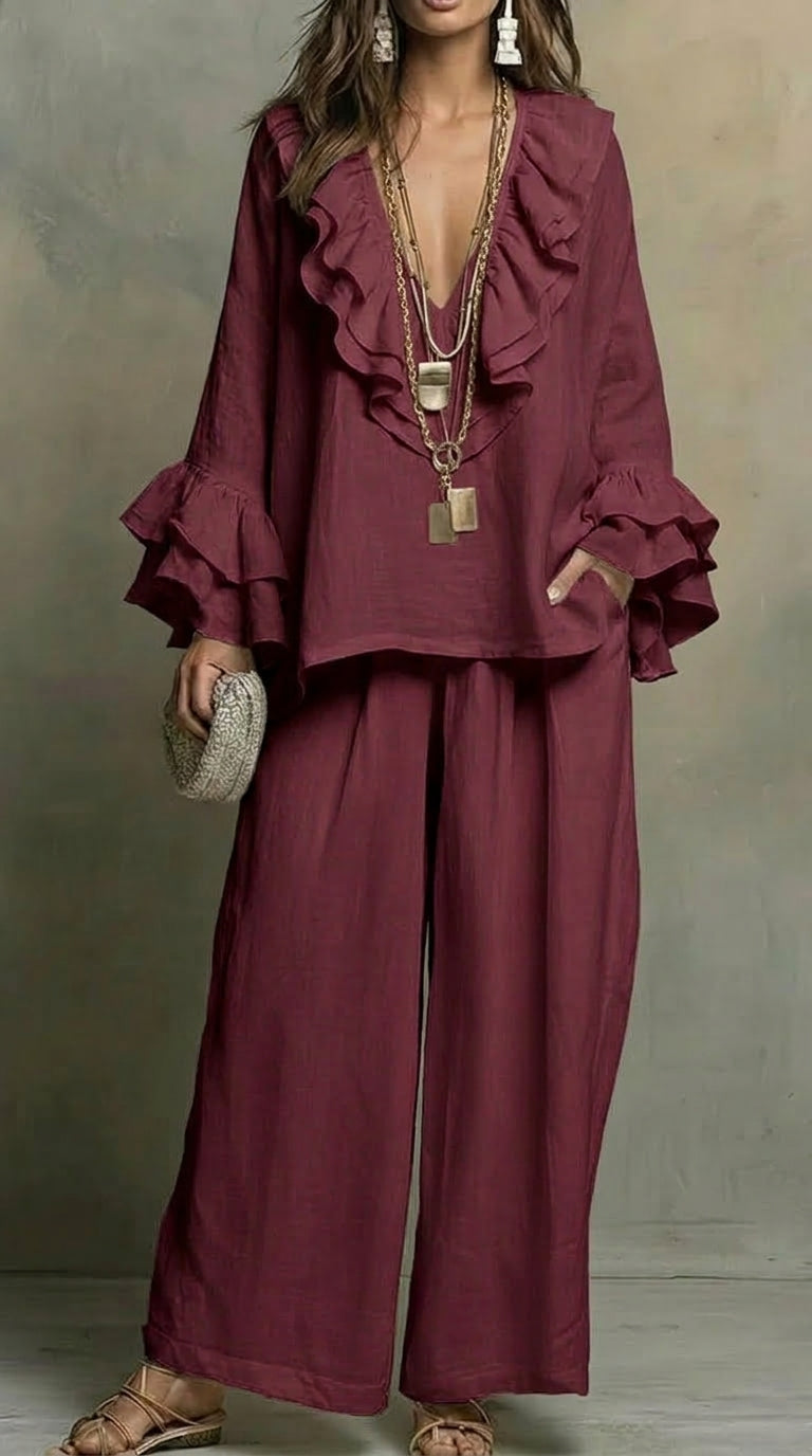 Women's Flowy V-neck Ruffled Cotton-linen Top And Wide-leg Pants Two-piece Set