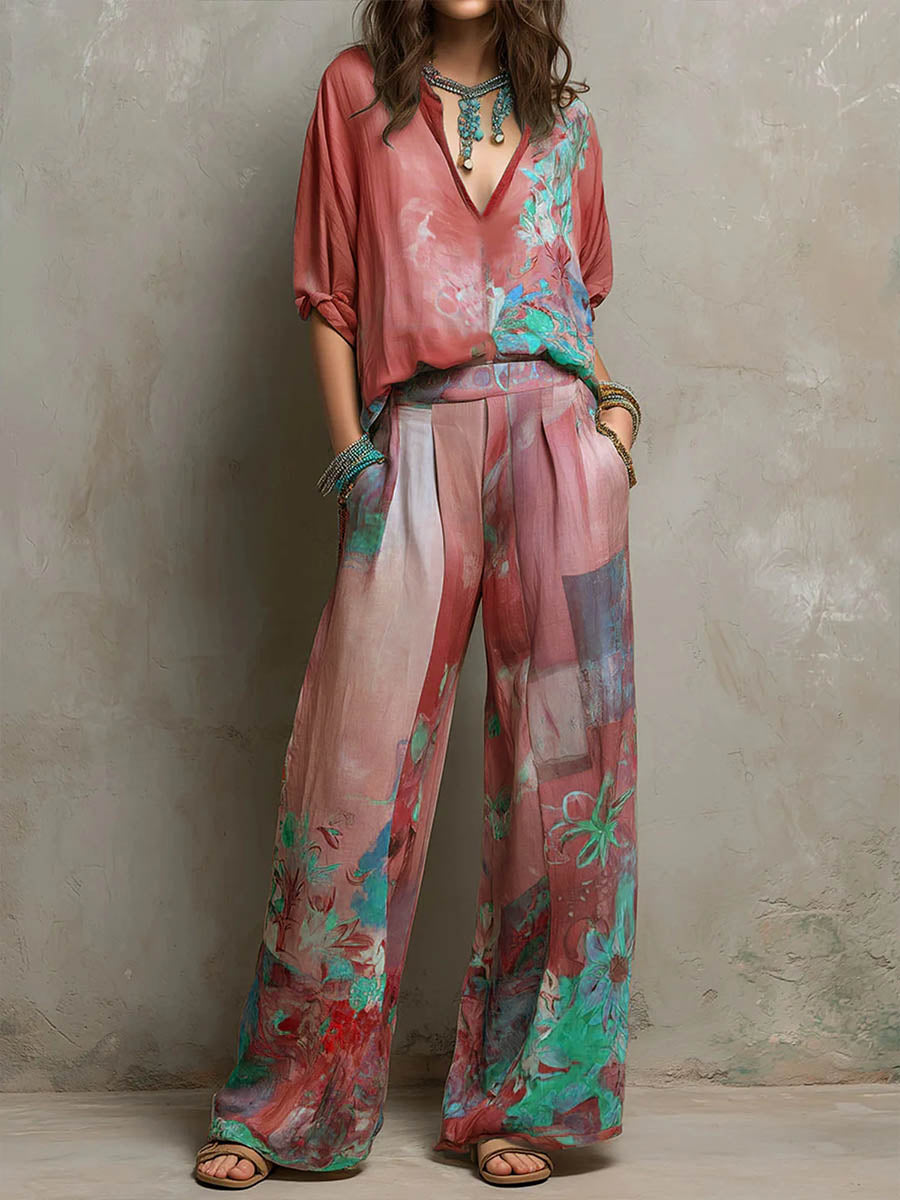 Women's Printed Set: V-neck 3/4-sleeve Top & High-waisted Wide-leg Pants