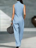 Women's Stand-collar Sleeveless Casual Loose Cotton And Linen Jumpsuit