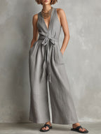 Women's Solid-color V-neck Sleeveless Casual Loose Cotton-linen Wide-leg Jumpsuit