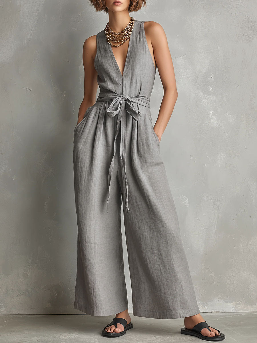 Women's Solid-color V-neck Sleeveless Casual Loose Cotton-linen Wide-leg Jumpsuit