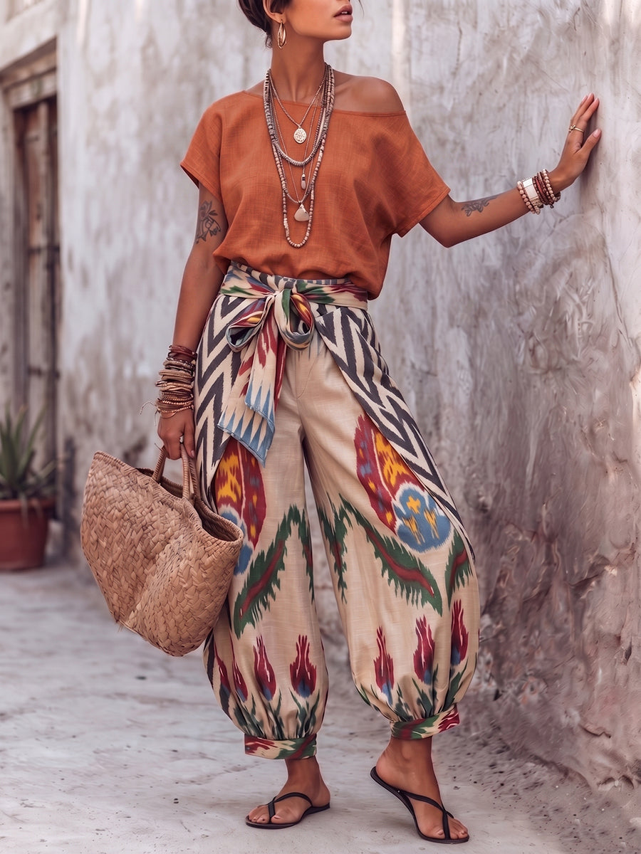 Boho Off-shoulder Top And Ikat Wrap Harem Pants Two-piece Set