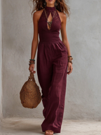 Boho Vintage Lace-paneled Cotton-linen Jumpsuit