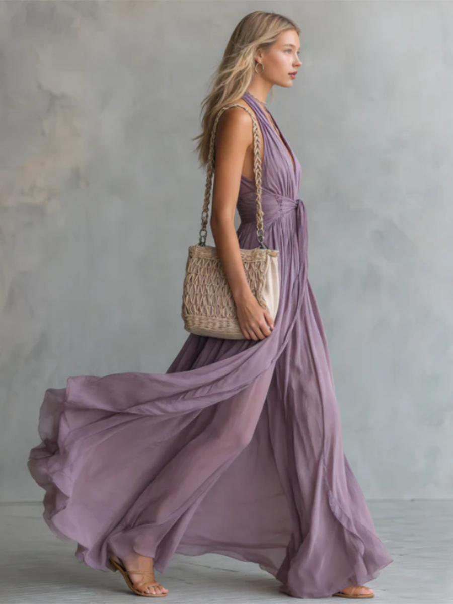 Elegant & Flowy V-neck Waist-tie Maxi Dress