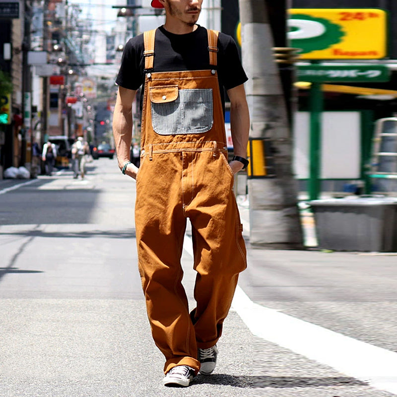 American Style Patchwork Striped Loose Vintage Wide Leg Bib Overalls