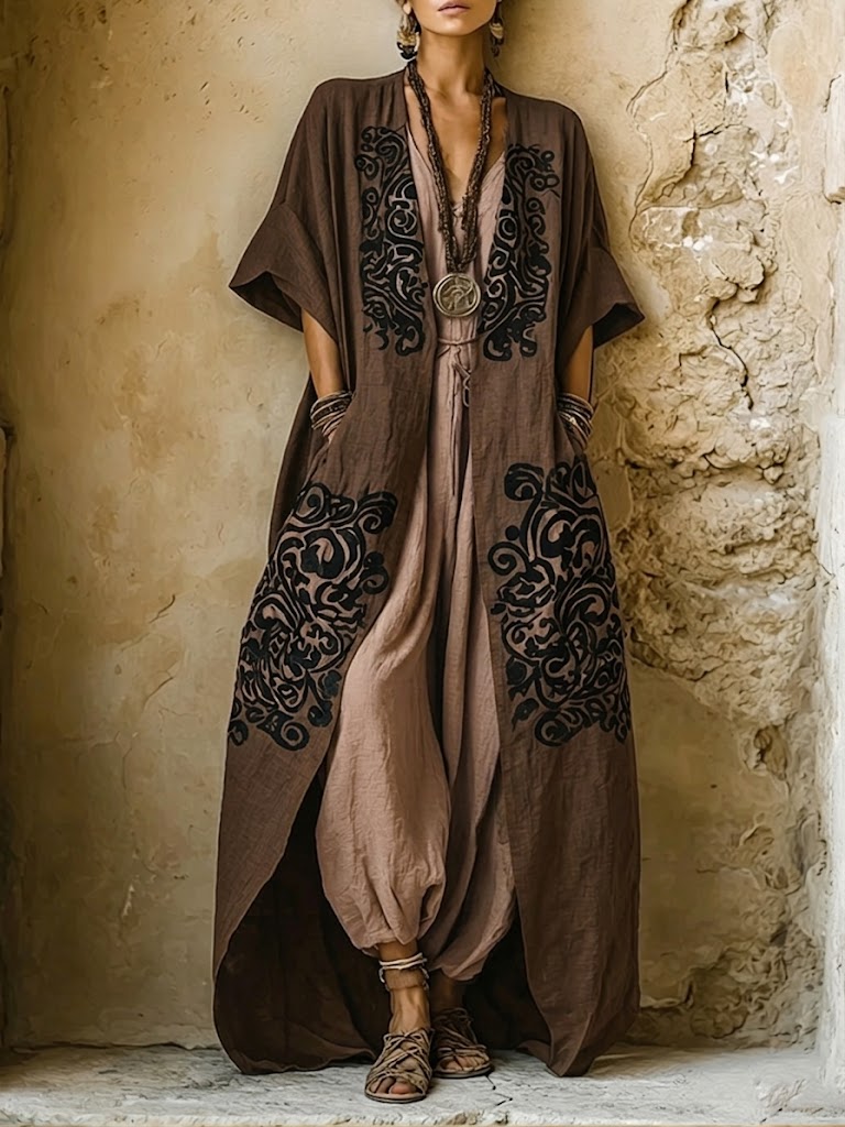 Bohemian Ethnic Print Linen & Cotton Two-Piece Set: Long Cardigan and Sleeveless Jumpsuit