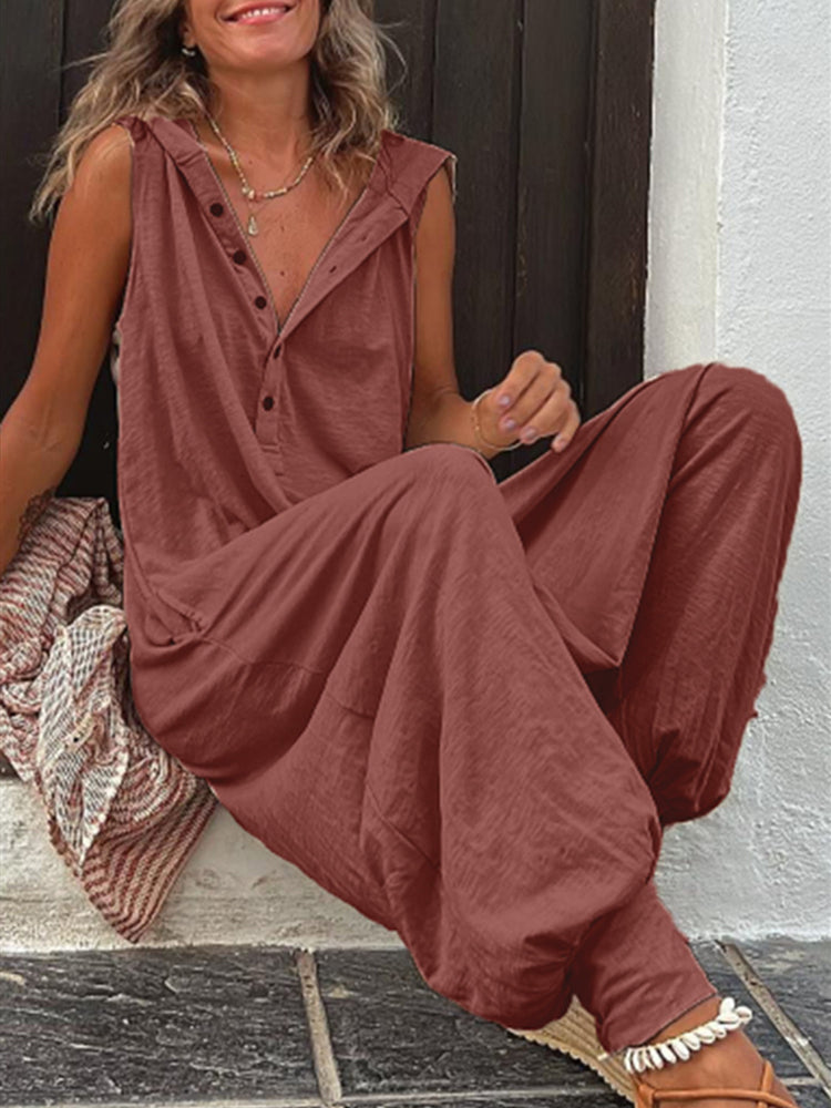 Solid Button Hooded Sleeveless Jumpsuit