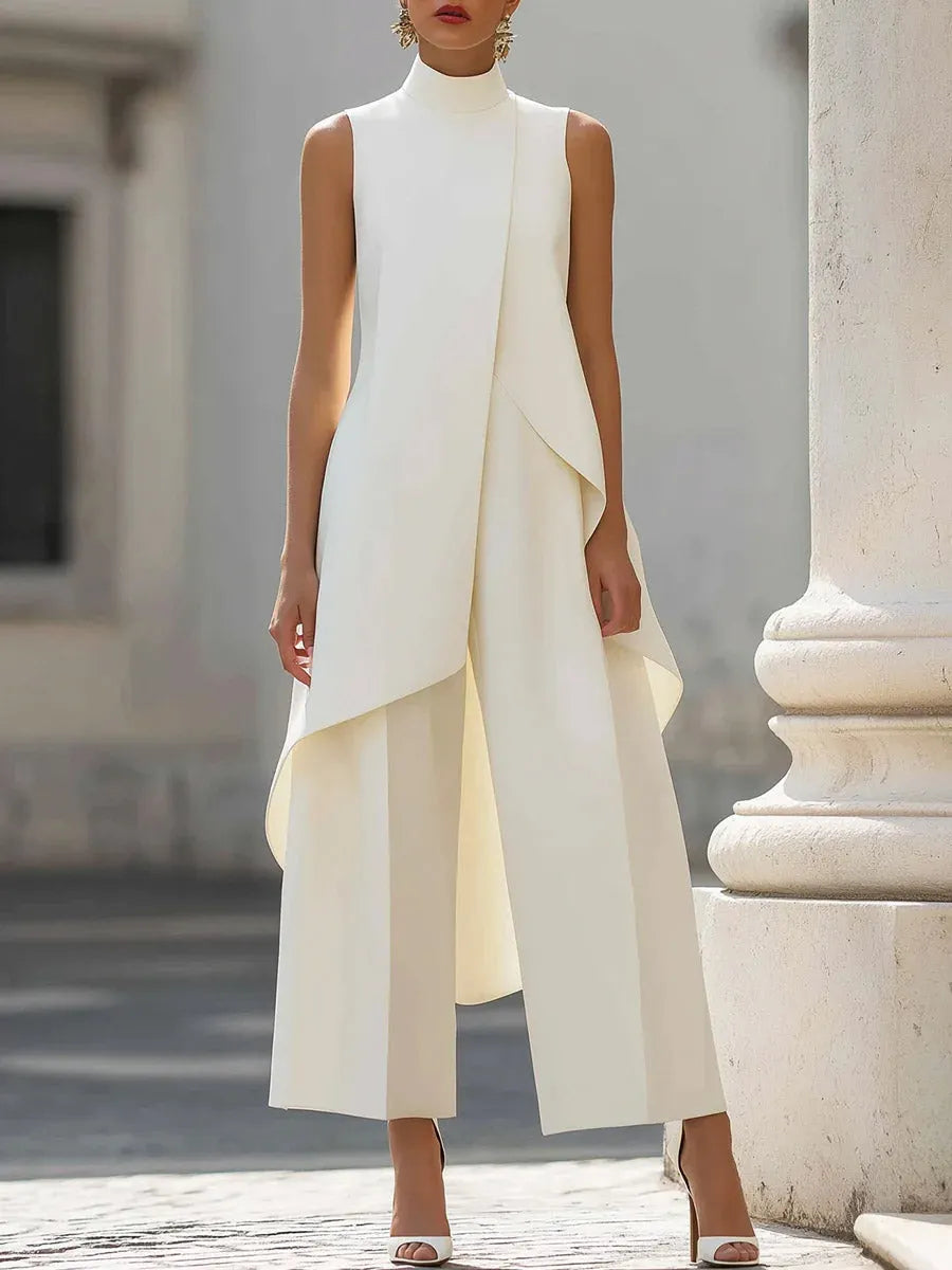 Women's Solid-color Cotton-linen Set: Stand-collar Sleeveless Top & High-waisted Wide-leg Pants