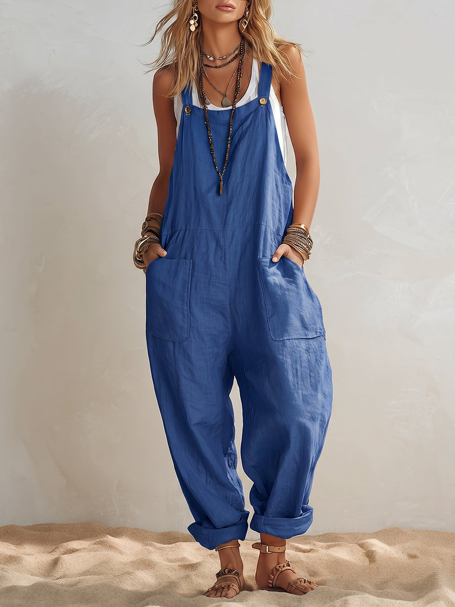 Casual Loose-fit Cotton-linen Overalls Jumpsuit