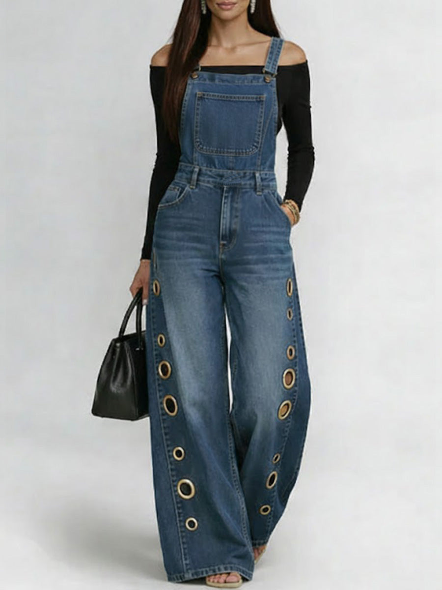 Women's Casual Loose Denim Overalls Wide-leg Jumpsuit