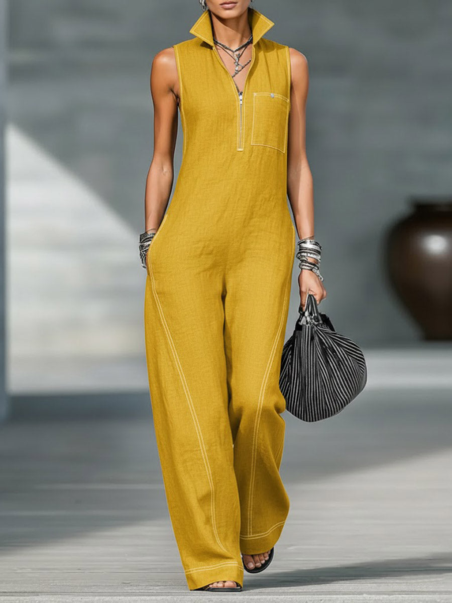 Women's Stand-collar Sleeveless Casual Loose Cotton And Linen Jumpsuit