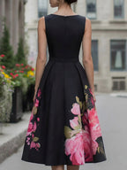 Women's Crew Neck Sleeveless Loose-fit A-line Dress With Placement Print