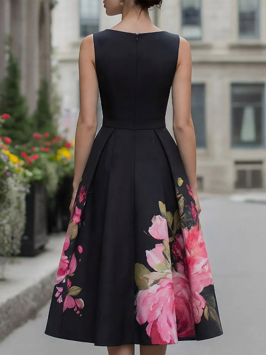 Women's Crew Neck Sleeveless Loose-fit A-line Dress With Placement Print