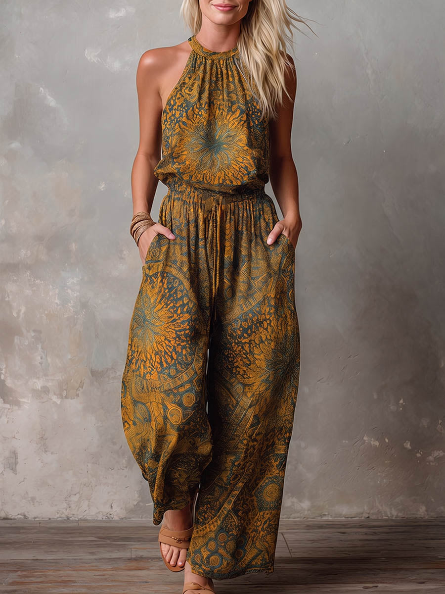 Women's Crew Neck Sleeveless Casual Loose-fit Retro Print Cotton-linen Wide-leg Jumpsuit