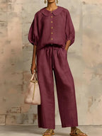 Stylish Peter Pan Collar Shirt And Wide-leg Pant Linen Two-piece Set