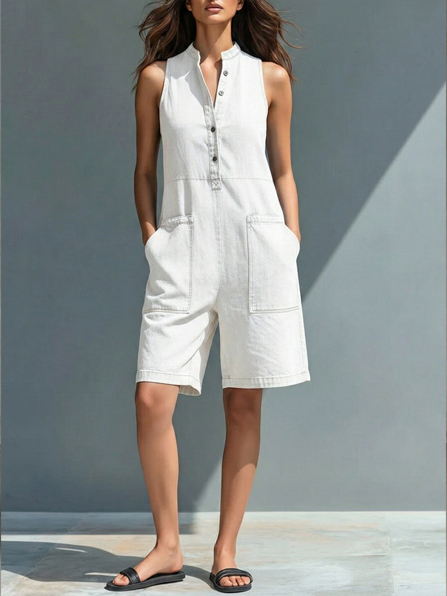 Casual Sleeveless Denim Jumpsuit Shorts