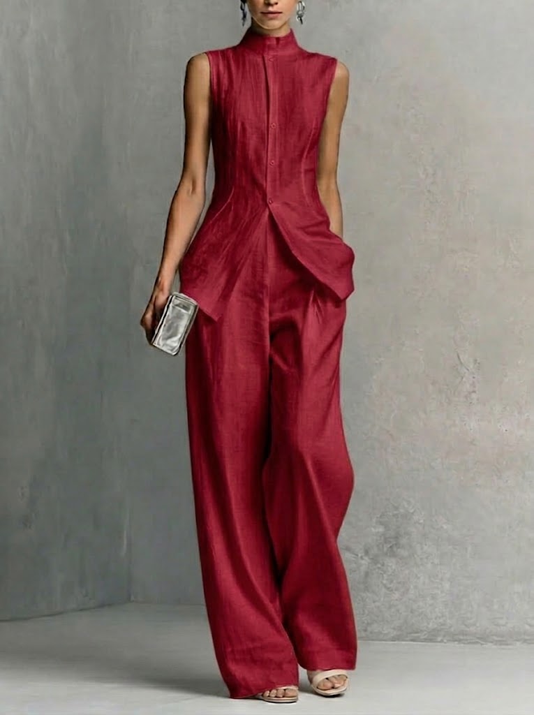 Stylish Slim-fit Sleeveless Linen And Cotton Two-piece Set