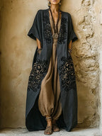 Bohemian Ethnic Print Linen & Cotton Two-Piece Set: Long Cardigan and Sleeveless Jumpsuit