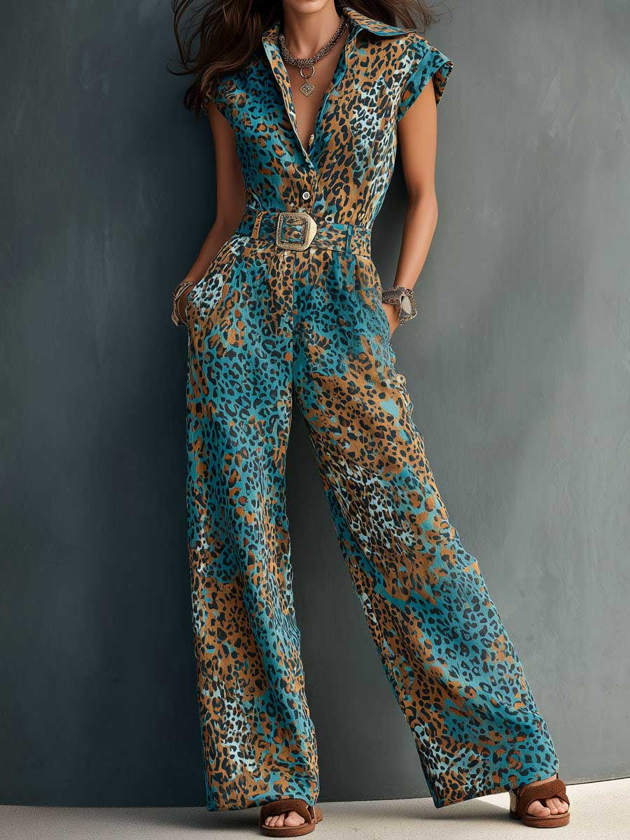 Women's Leopard Print Lapel Short-sleeve Casual Loose Cotton-linen Wide-leg Jumpsuit
