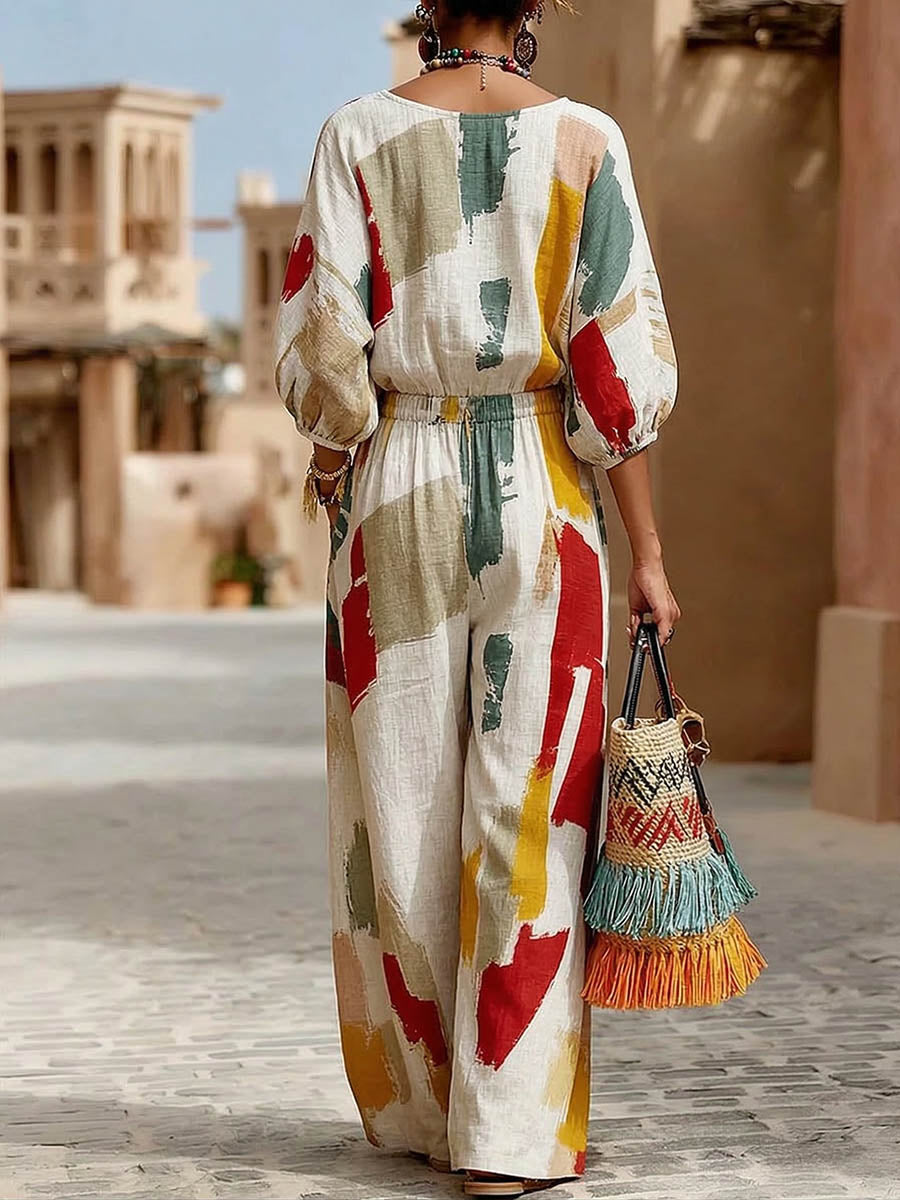 Women's Abstract Print V-neck 3/4-sleeve Casual Loose Cotton-linen Jumpsuit