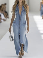 [24-hour shipping out]Western Retro Light Blue Denim Sleeveless Raw Edge Wide Leg Zipper Jumpsuit