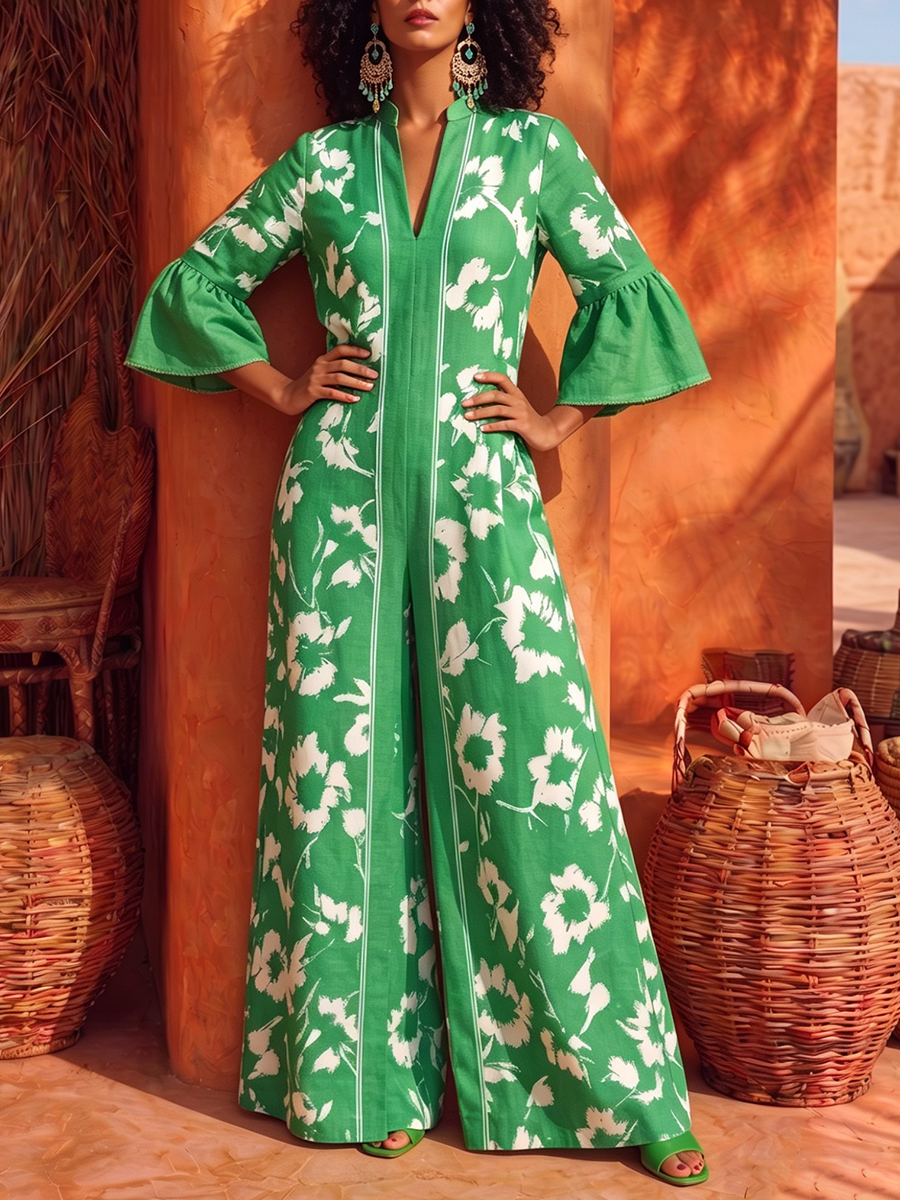 Retro Vacation-style Ruffled Cotton-linen Wide-leg Jumpsuit