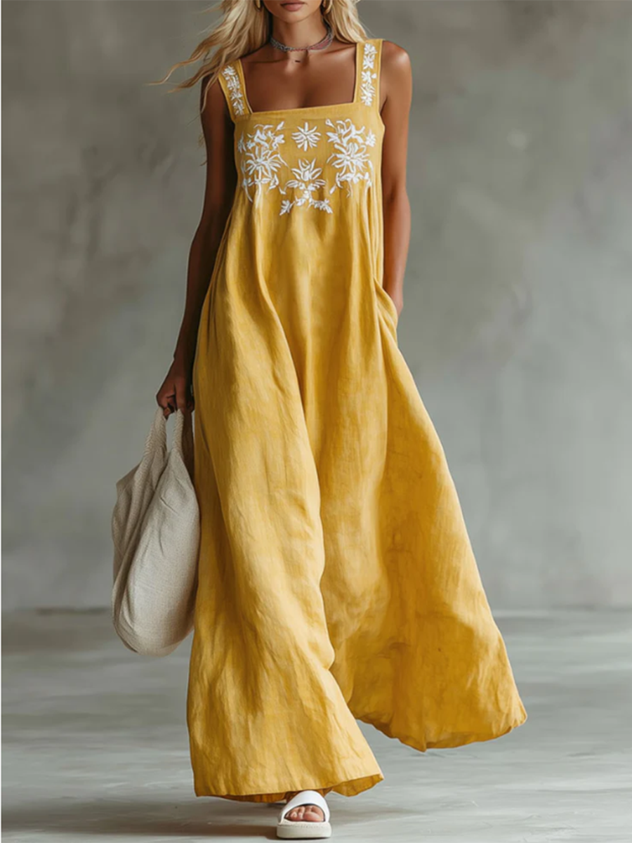 Casual Bohemian Floral-print Cotton-linen Dress