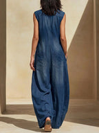 Women's V-neck Sleeveless Casual Loose-fit Denim Wide-leg Jumpsuit