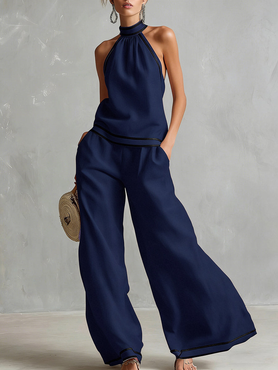 Women's Stand-up Collar Sleeveless Casual Loose Cotton And Linen Top With Elastic Waist And Wide-leg Pants Cotton And Linen Set